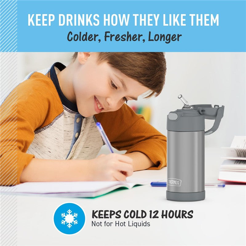 Gray Thermos FUNtainer 12 oz stainless steel water bottle beside a child writing, promoting drink temperature retention.