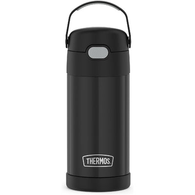 Thermos FUNtainer 12 oz stainless steel water bottle in black, featuring a handle and the THERMOS logo on the front.