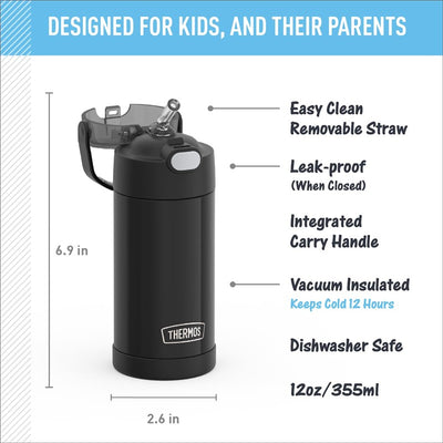 Thermos FUNtainer black stainless steel water bottle, 12 oz, features a removable straw, carry handle, and insulation for 12-hour cold retention.