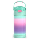12 oz stainless steel water bottle in mint ombre design, featuring a flip-top lid and carrying handle.