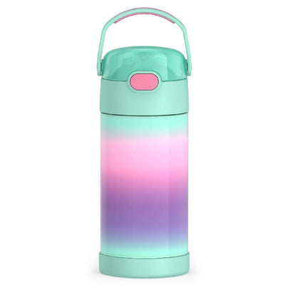 12 oz stainless steel water bottle in mint ombre design, featuring a flip-top lid and carrying handle.