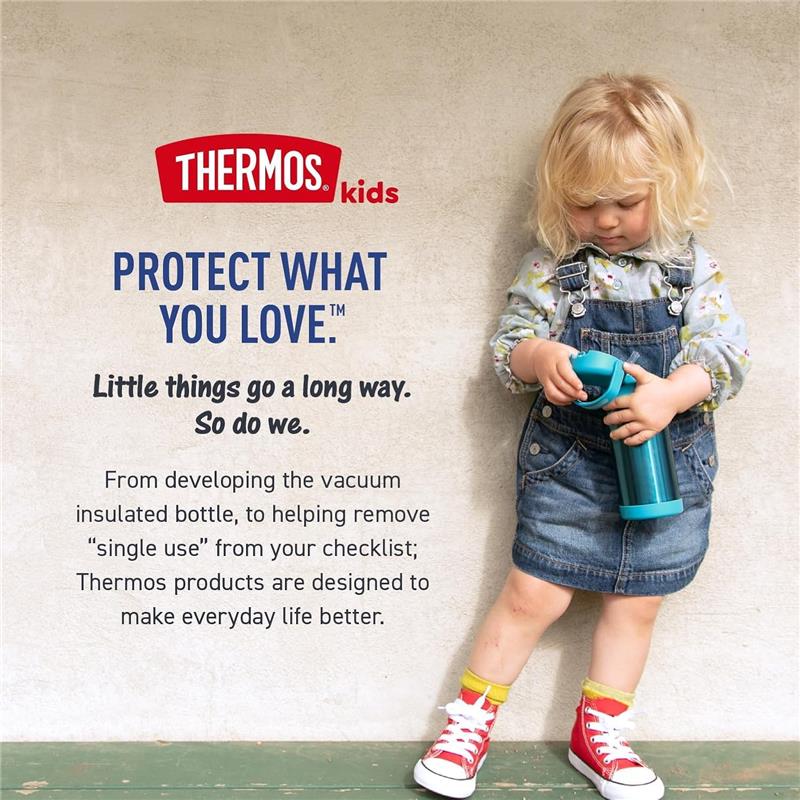Thermos 12 oz mint ombre stainless steel water bottle held by a child in overalls, with branding and text about product benefits.