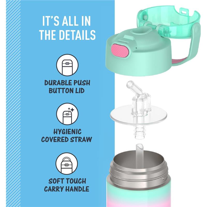 Thermos 12 oz stainless steel water bottle in mint ombre with a push button lid, covered straw, and carry handle features.