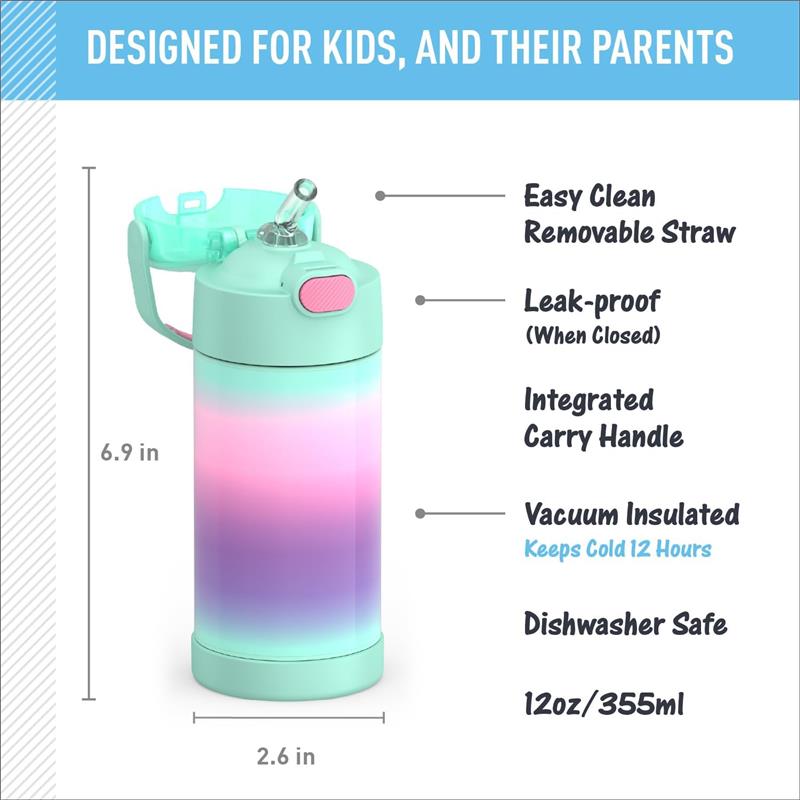 Thermos 12 oz stainless steel water bottle in mint ombre, featuring an easy clean straw, leak-proof design, and carry handle.