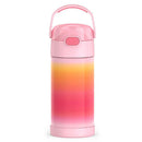 Stainless steel 12 oz. pink ombre water bottle with a handle and button top for easy drinking.