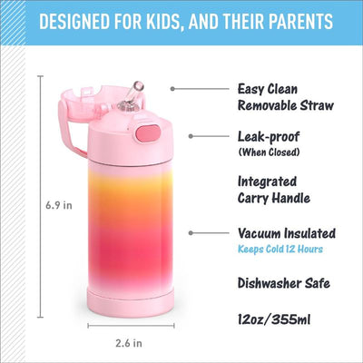 12 oz pink ombre stainless steel water bottle with a removable straw, integrated carry handle, and vacuum insulation.