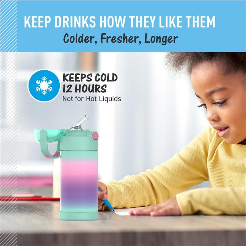 Thermos 12 oz. pink ombre stainless steel water bottle with straw, keeps drinks cold for 12 hours, child writing nearby.