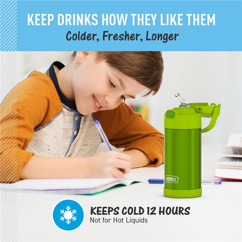 Thermos FUNtainer 12 oz stainless steel water bottle in lime, designed to keep drinks cold for 12 hours, next to a boy writing.