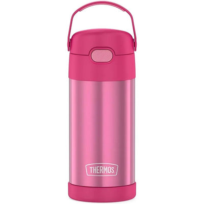 12 oz pink Thermos FUNtainer stainless steel water bottle with a flip-top lid and handle.