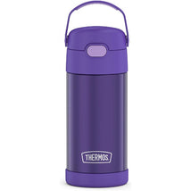 Thermos FUNtainer 12 oz water bottle in purple, featuring a screw-top lid and carry handle.