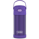 Thermos FUNtainer 12 oz water bottle in purple, featuring a screw-top lid and carry handle.