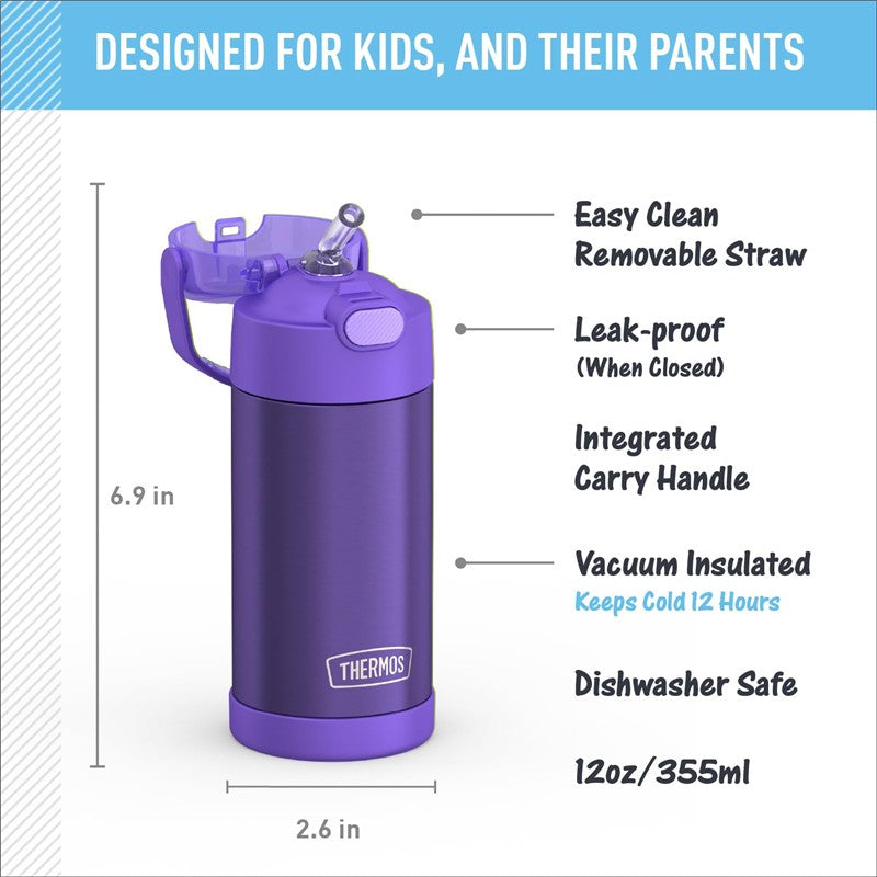 Thermos FUNtainer stainless steel water bottle in purple, 12 oz capacity with an easy clean straw and carry handle.