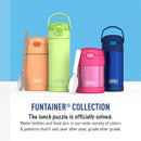 Thermos FUNtainer collection featuring a 12 oz purple stainless steel water bottle among other colorful containers.