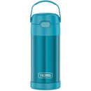 Stainless steel Thermos FUNtainer water bottle in teal, 12 oz, with a handle and a push-button lid.
