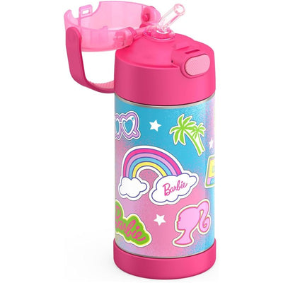 Thermos FUNtainer 12 oz stainless steel water bottle featuring a vibrant Barbie design with stickers, rainbow, and a flip-top cap.