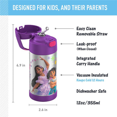 Thermos FUNtainer 12 oz stainless steel water bottle featuring Encanto characters, designed for kids with a removable straw and carry handle.
