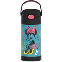 Thermos FUNtainer 12 oz water bottle featuring a Minnie Mouse design with colorful hearts and flowers.