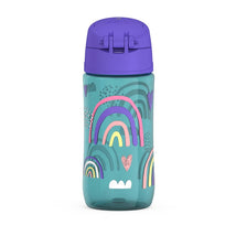 Thermos 16 oz plastic water bottle in teal, featuring colorful rainbow and heart designs, topped with a purple lid.