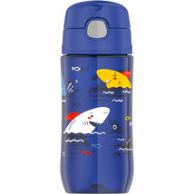 Plastic water bottle with a blue design featuring cartoon sharks and fish, holding 16 oz of liquid.