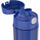 Thermos 16 oz plastic water bottle in blueberry color with a flip-top lid and spout for easy drinking.