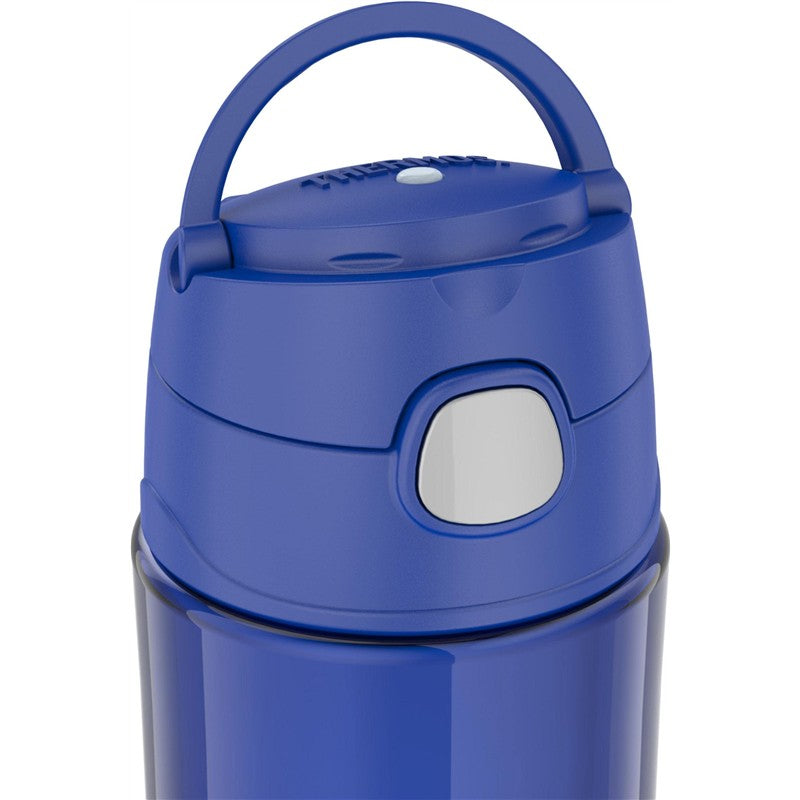 Thermos Plastic Water Bottle in Blueberry with a top handle and push-button lid. Holds 16 oz.