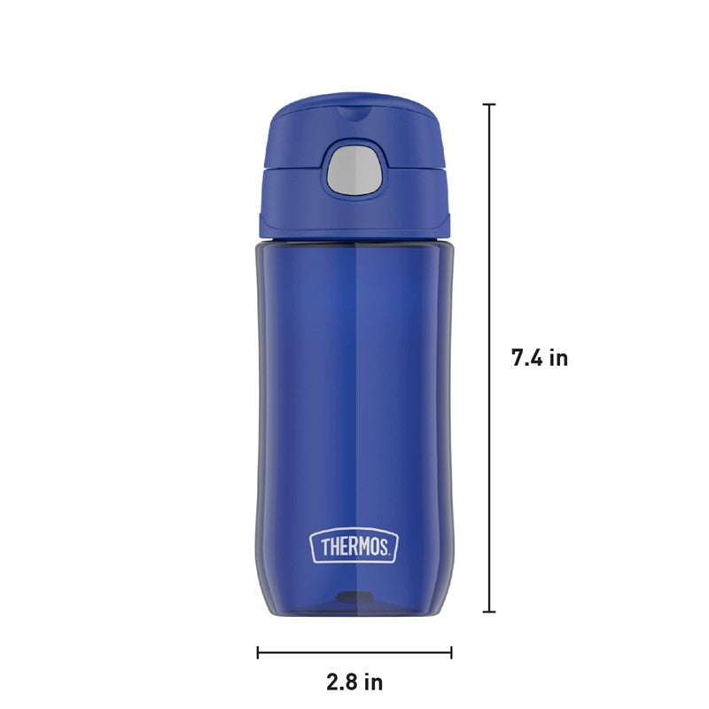Thermos Plastic Water Bottle in Blueberry, 16 oz capacity, dimensions 7.4 in height and 2.8 in diameter.