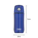 Thermos Plastic Water Bottle in Blueberry, 16 oz capacity, dimensions 7.4 in height and 2.8 in diameter.