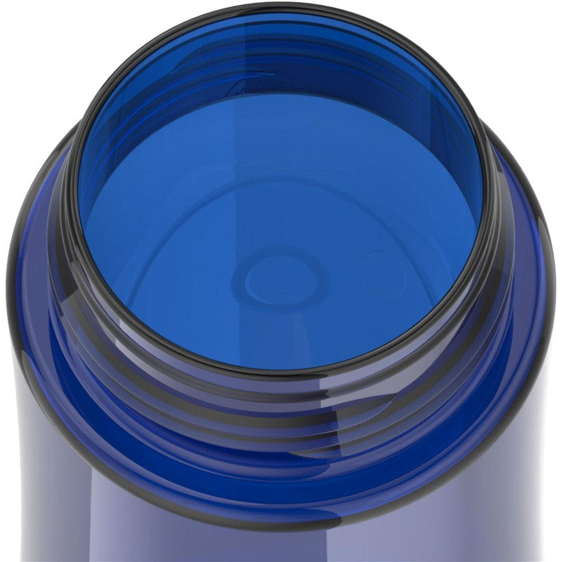 Thermos 16 oz plastic water bottle in Blueberry color, showing the top opening and interior.