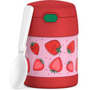 Thermos FUNtainer 10 oz food jar featuring a pink body with strawberry designs and a red lid, includes a white spoon.