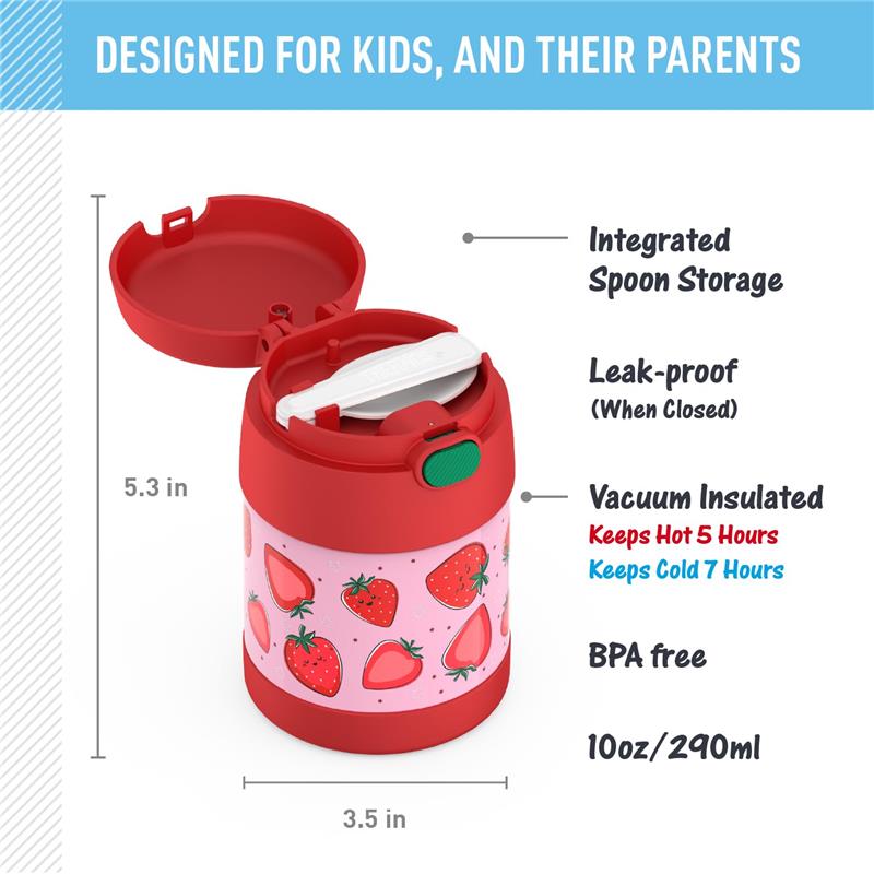 Thermos FUNtainer 10 Oz. food jar in red with strawberry design, featuring integrated spoon storage and leak-proof closure.