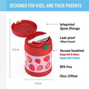 Thermos FUNtainer 10 Oz. food jar in red with strawberry design, featuring integrated spoon storage and leak-proof closure.
