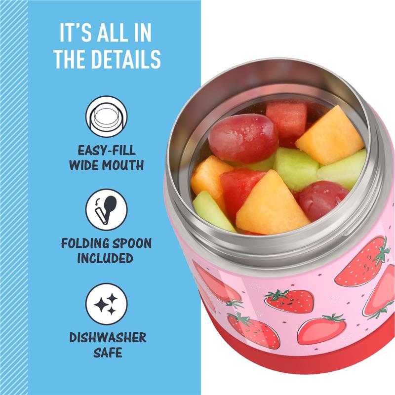 Stainless steel Thermos FUNtainer food jar with a strawberry design, filled with colorful fruit and featuring a wide mouth, folding spoon, and dishwasher-safe label.