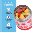 Stainless steel Thermos FUNtainer food jar with a strawberry design, filled with colorful fruit and featuring a wide mouth, folding spoon, and dishwasher-safe label.