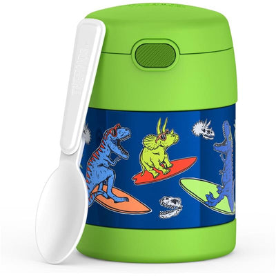 Stainless steel food jar featuring colorful dinosaur graphics, includes a white spoon for easy serving.