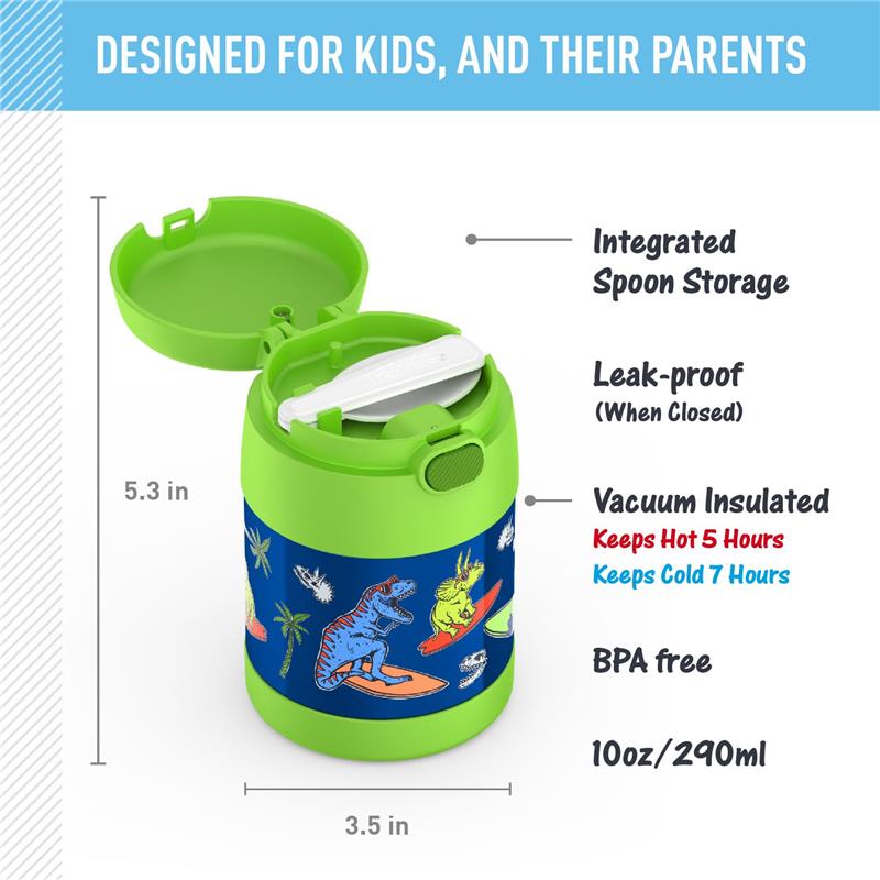 Stainless steel food jar in vibrant green and blue, features dinosaur designs, integrated spoon storage, and is vacuum insulated.