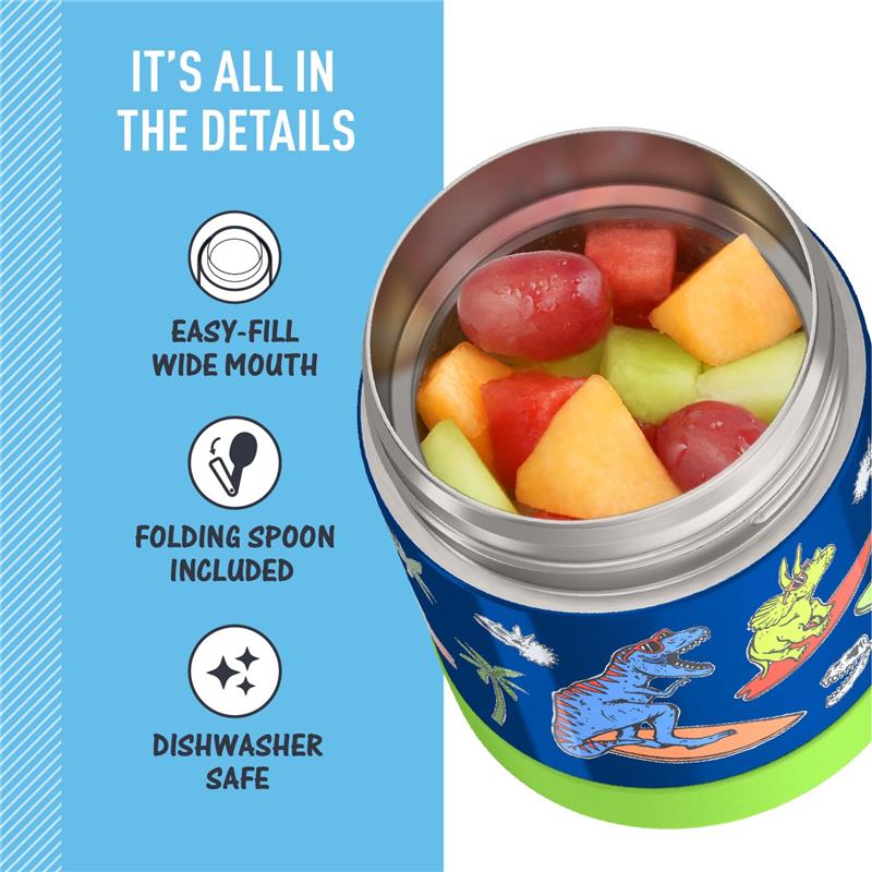 Stainless steel Thermos FUNtainer food jar featuring colorful dinosaur designs, filled with assorted fruit, includes a folding spoon.