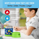 Thermos FUNtainer food jar with dinosaur design, keeping food hot for 5 hours and cold for 7 hours, beside a child writing.