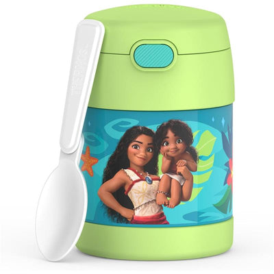 Thermos Funtainer 10Oz food jar with a green lid, featuring Moana and a baby character, includes a white folding spoon.