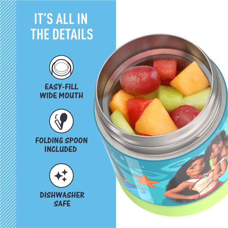 Thermos Funtainer 10oz food jar featuring Moana design, showing colorful fruit inside and highlighting details like easy-fill mouth and included folding spoon.