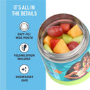 Thermos Funtainer 10oz food jar featuring Moana design, showing colorful fruit inside and highlighting details like easy-fill mouth and included folding spoon.