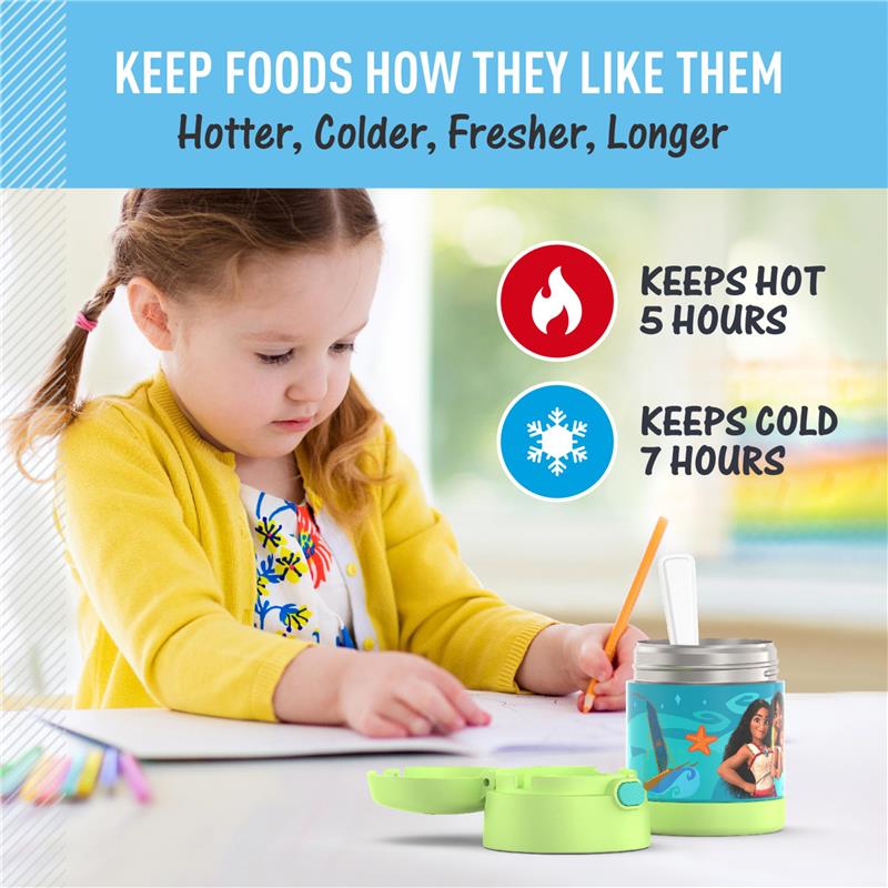 Thermos Funtainer 10 oz food jar featuring Moana design, with a plastic folding spoon, keeps food hot for 5 hours and cold for 7 hours.