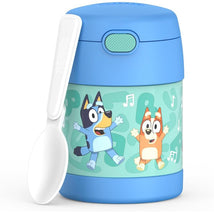 Thermos FUNtainer 10oz food jar in blue features animated characters Bluey and Bingo, includes a plastic folding spoon.