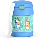 Thermos FUNtainer 10oz food jar in blue features animated characters Bluey and Bingo, includes a plastic folding spoon.
