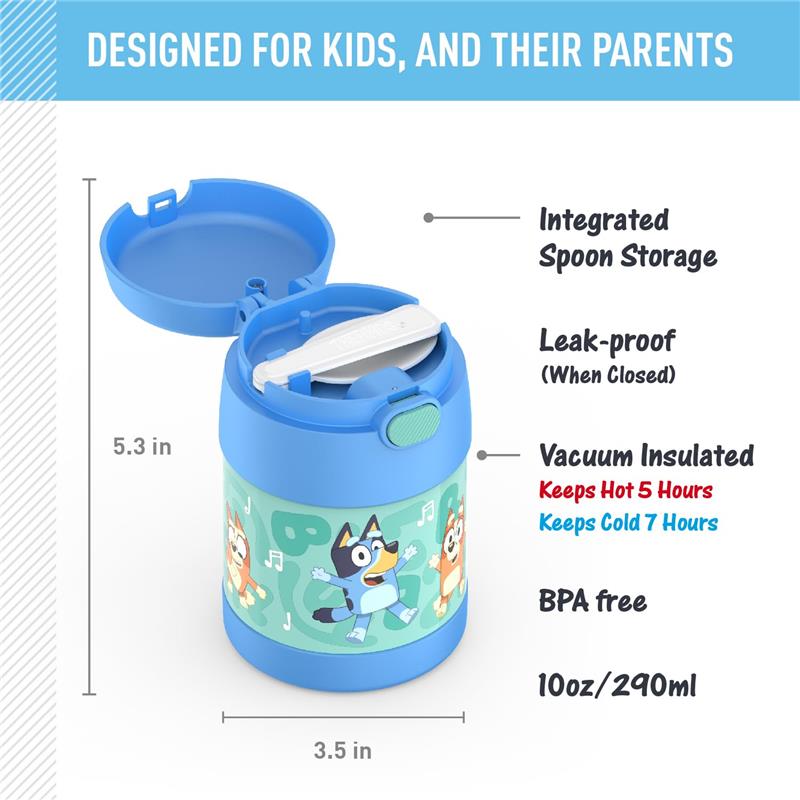 Thermos FUNtainer 10oz food jar in blue with integrated spoon, featuring cartoon characters, keeps food hot for 5 hours or cold for 7.