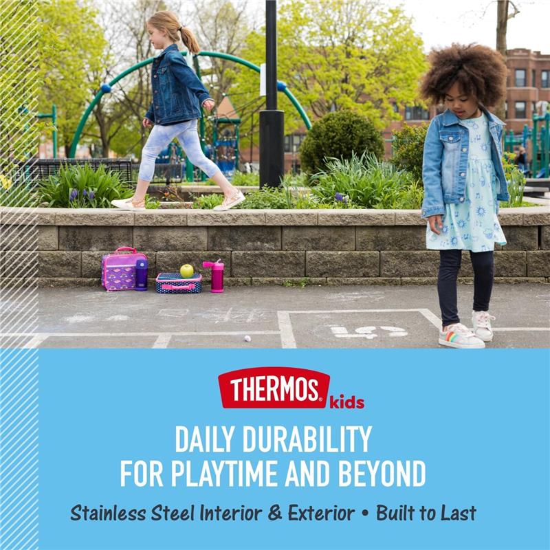 Two children playing outside near a Thermos FUNtainer food jar, a water bottle, and a lunchbox on a stone ledge.