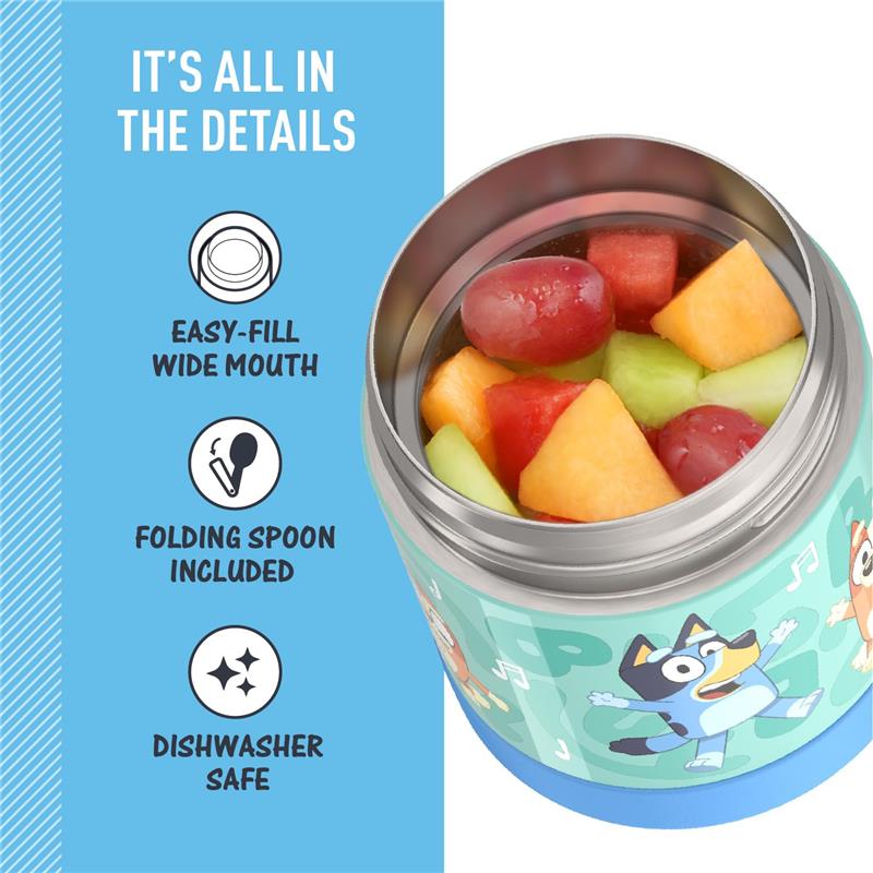 Thermos FUNtainer 10 oz food jar with fruit inside, featuring a folding spoon, easy-fill wide mouth, and dishwasher safe design.