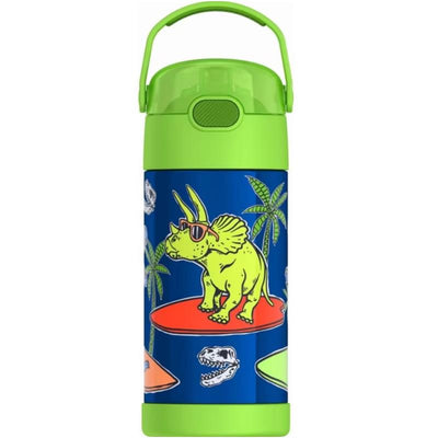 Stainless steel water bottle featuring a green design with a dinosaur wearing sunglasses and tropical elements.