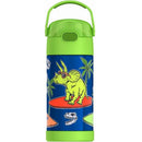 Stainless steel water bottle featuring a green design with a dinosaur wearing sunglasses and tropical elements.