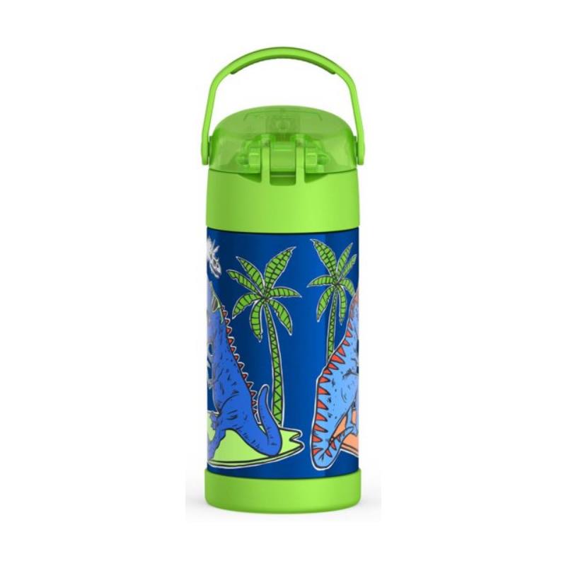 Stainless steel green water bottle featuring colorful dinosaur and palm tree illustrations, 12 oz capacity.