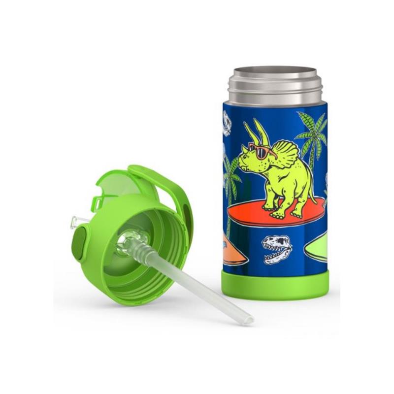 Stainless steel water bottle featuring a colorful dinosaur design, includes a green lid with a straw.